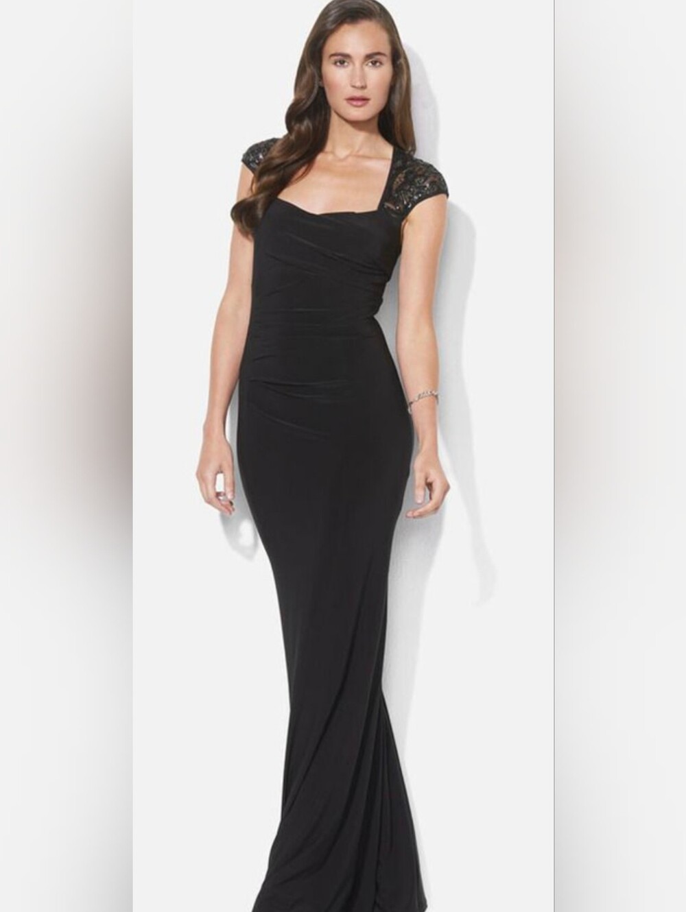 Ralph Lauren Black Maxi Dress with Lace Cap Shoulders